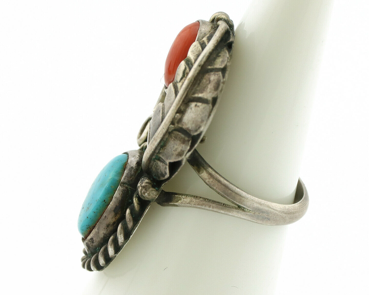 Navajo Ring .925 Silver Turquoise & Coral Native American Artist C.1975's