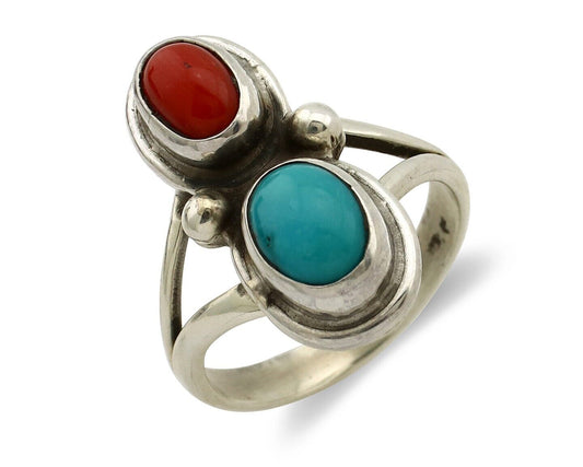 Navajo Handmade Ring 925 Silver Coral & Turquoise Native American Artist C.80's