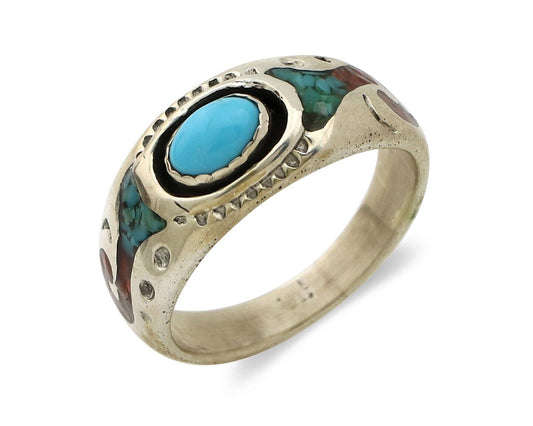 Navajo Handmade Ring 925 Silver Blue Turquoise & Coral Native American C.80's