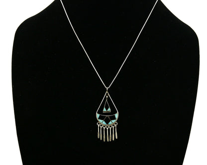 Women's Zuni Necklace .925 Silver Inlaid Gemstones Signed R. Leteyice