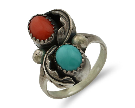 Navajo Handmade Ring 925 Silver Turquiose & Coral Native American Artist C.80's