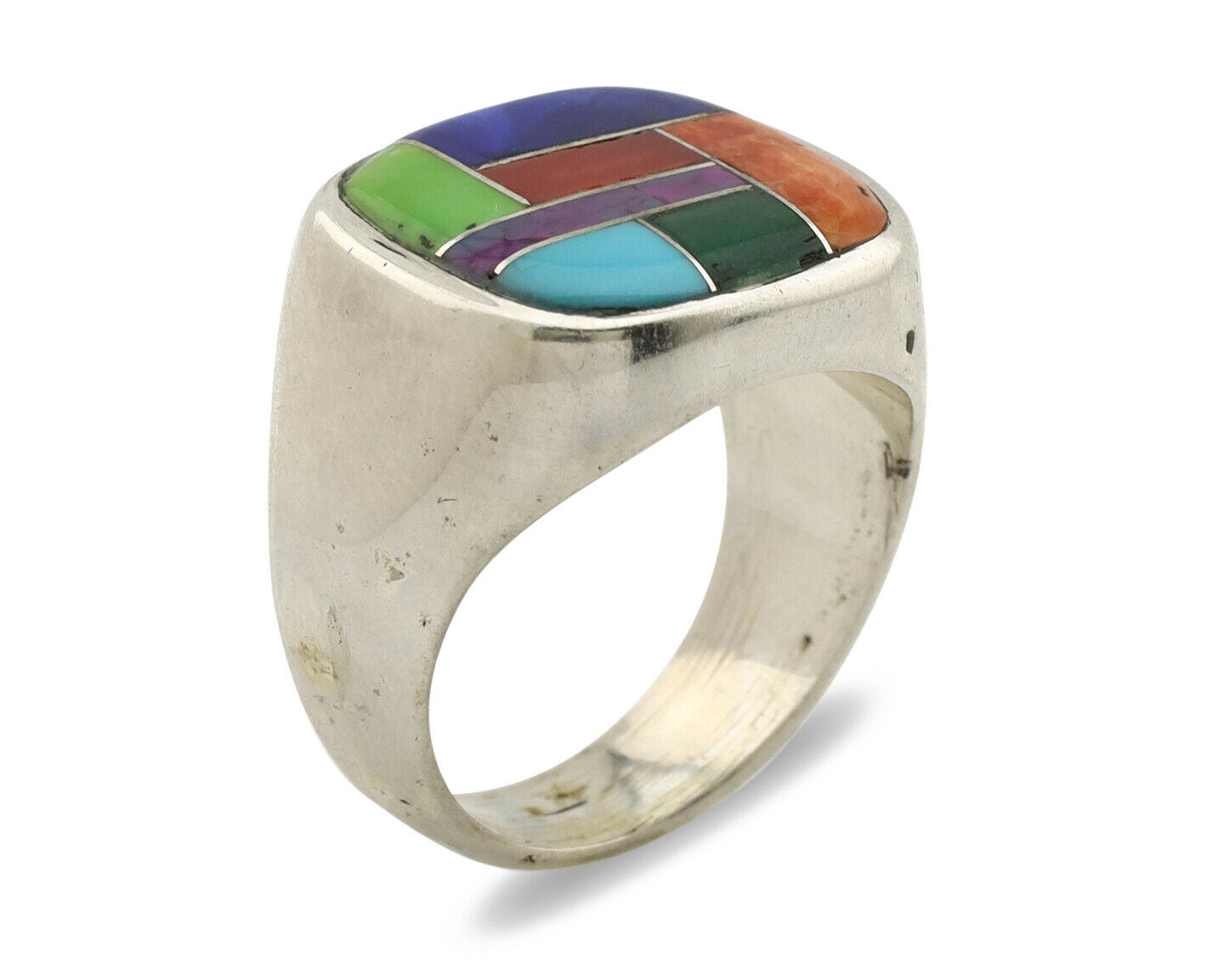 Navajo Inlaid Ring .925 Silver Gemstone Artist Native American C.1980's