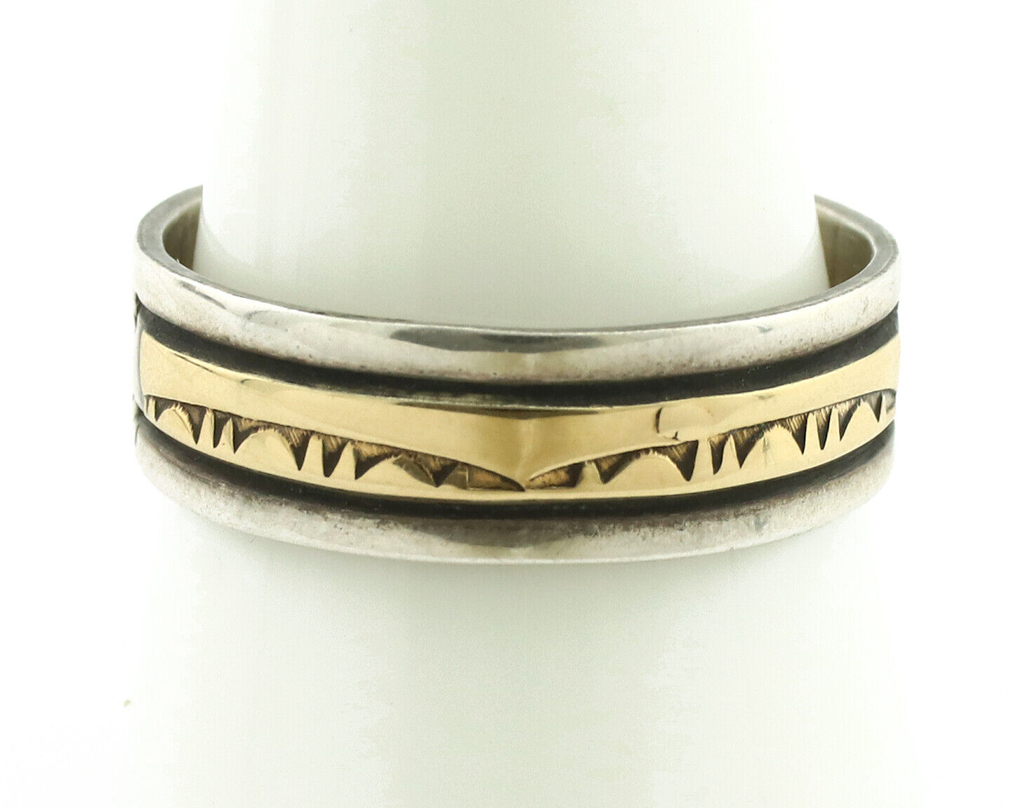 Navajo Ring 925 Silver & Solid 14k Yellow Gold Artist Signed E Hand Stamped C80s