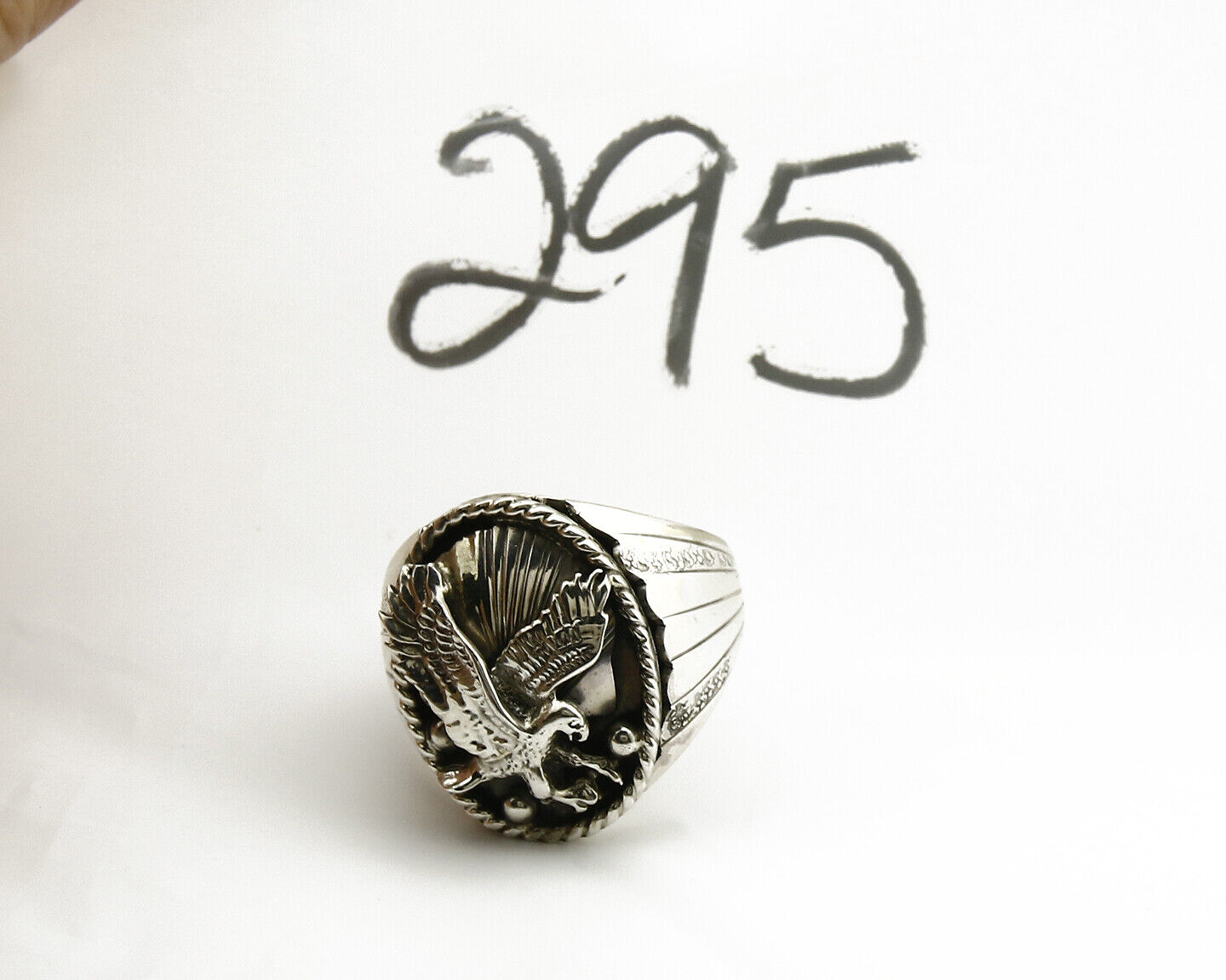 Navajo Ring .925 Silver Handmade Eagle Native Pattern Signed Artist S Ray C.80's