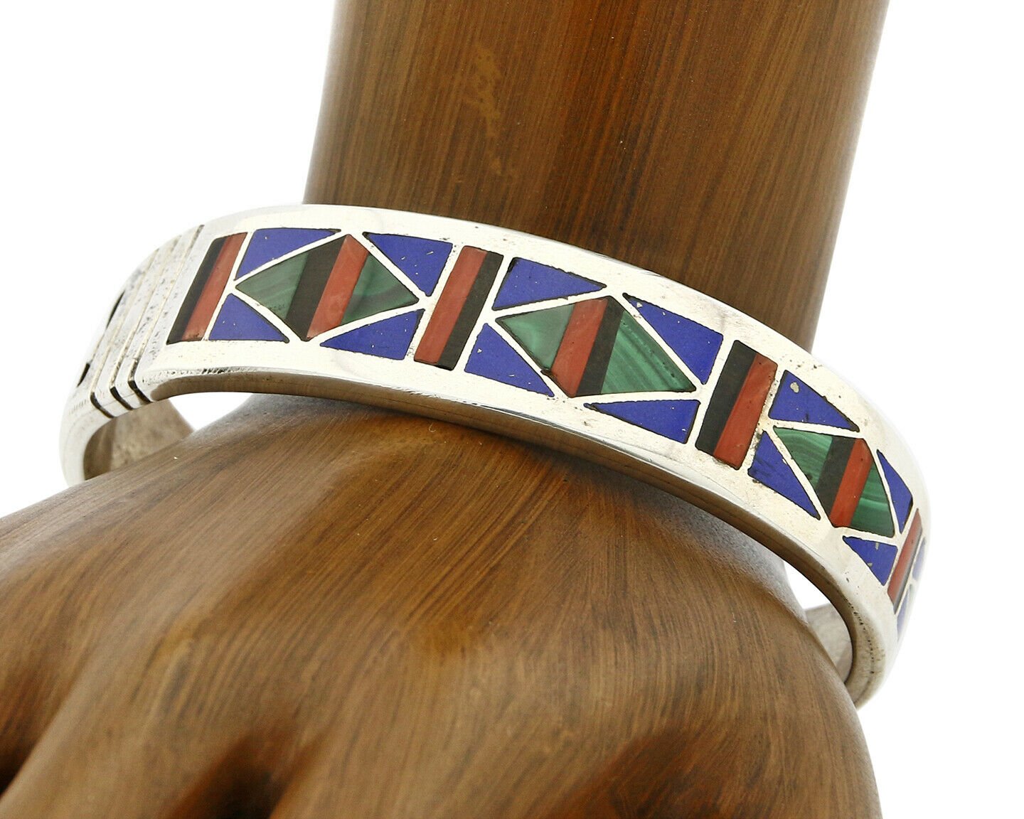 C. 1980's Zuni Inlaid Natural Gemstone .925 Silver Cuff Bracelet