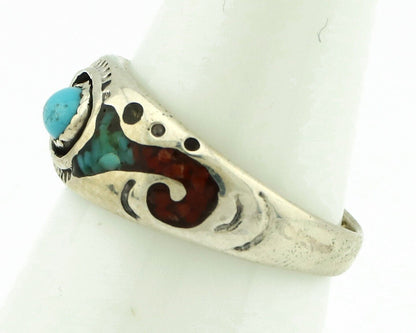 Navajo Handmade Ring 925 Silver Blue Turquoise & Coral Native American C.80's