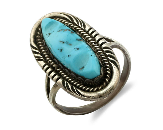 Zuni Ring .925 Silver Natural Hand Carved Turquoise Signed MS C.80's