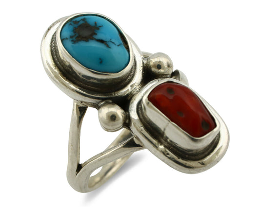 Navajo Ring .925 Silver Red Coral & Blue Turquoise Native Artist C.80's