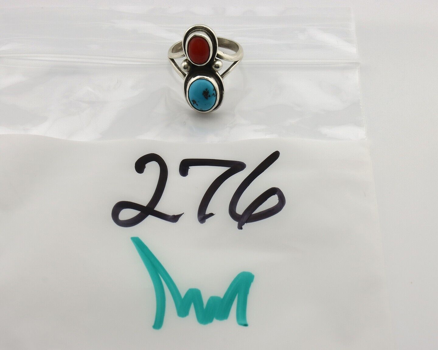 Navajo Inlay Band Ring 925 Silver Turquoise & Coral Native Artist C.80's