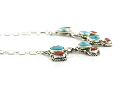 Navajo Necklace .925 Silver Morenci Turquoise & Coral Native Artist C.80's