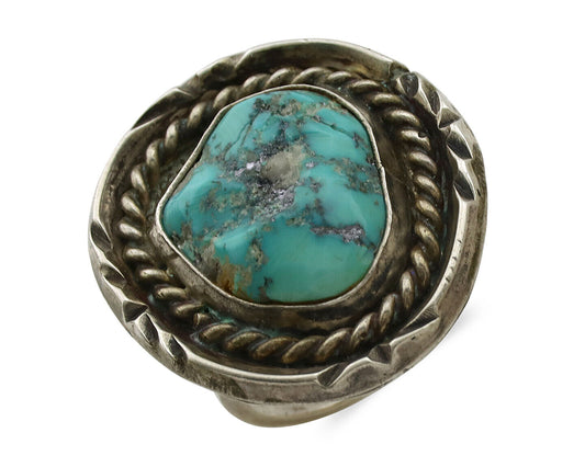 Navajo Ring .925 Silver Globe Turquoise Hand Stamped Native American Artist C80s