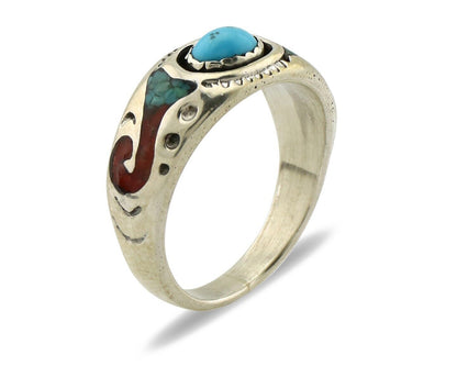 Navajo Inlay Band Ring 925 Silver Turquoise & Coral Native Artist C.80's