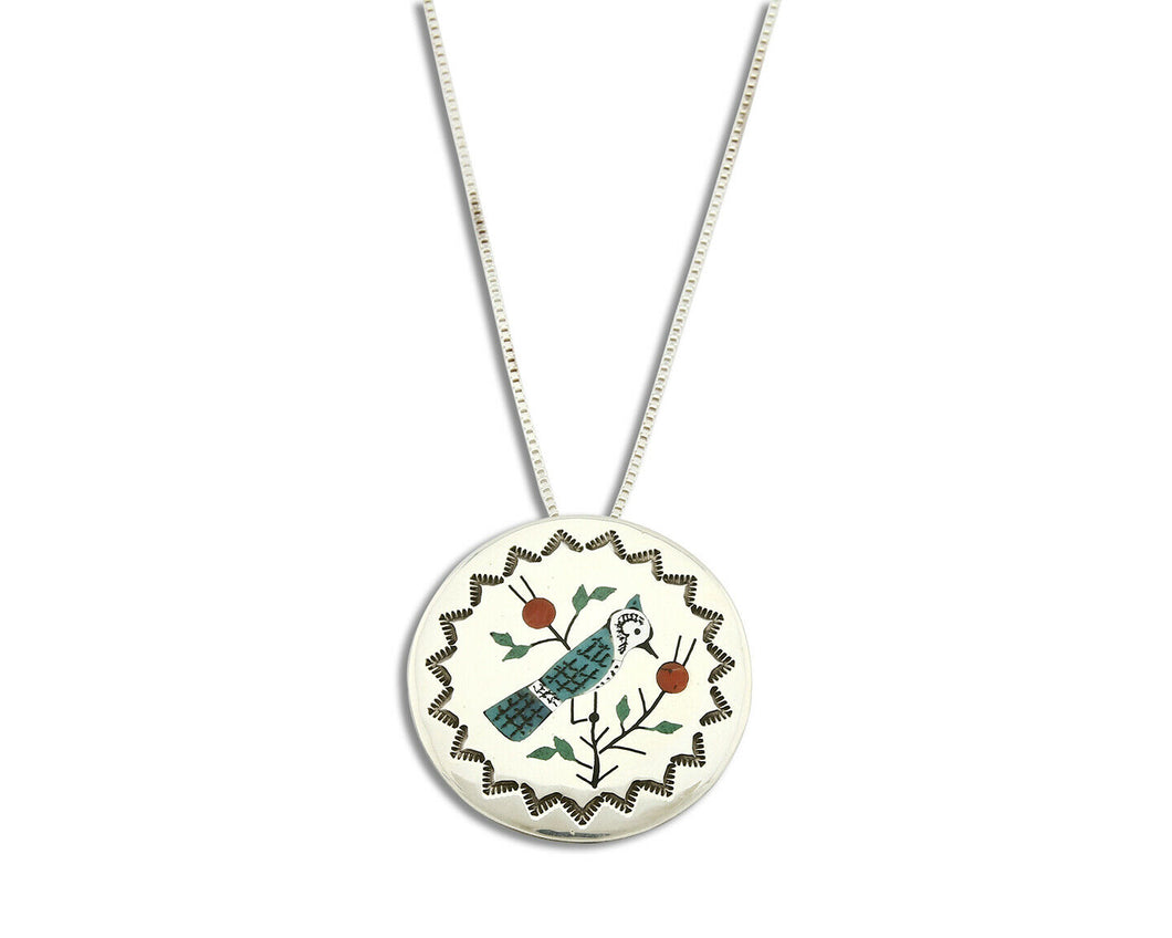 Women's Navajo Pendant Pin Inlaid Gemstone Carved .925 Silver Artist RB