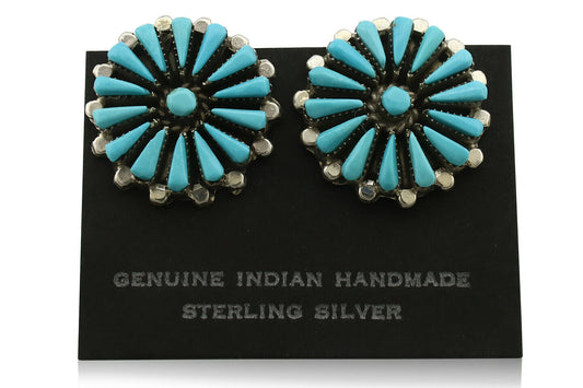 Zuni Earrings .925 Silver Petti Point Natural Blue Turquoise Native Artist C.80s