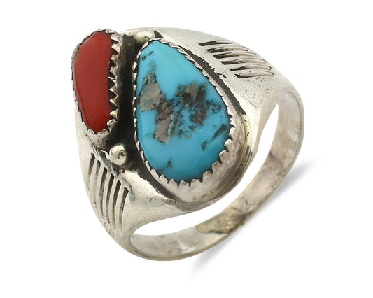 Zuni Ring .925 Silver Natural Turquoise & Coral Native American Artist C.1980's