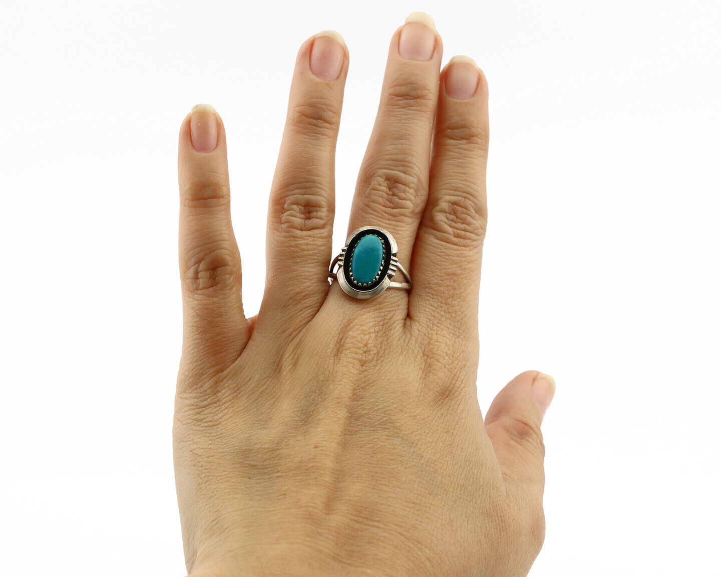 Navajo Ring .925 Silver Nevada Turquoise Native American Artist C.1980's