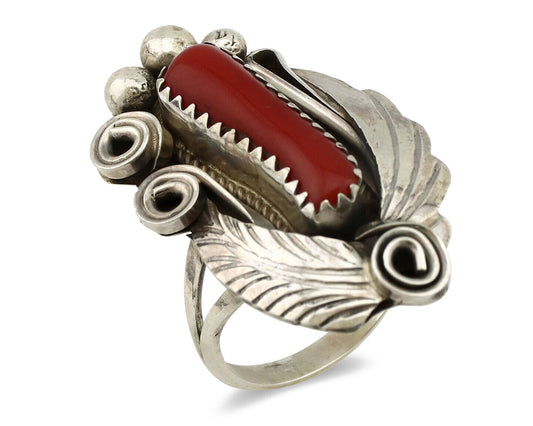 Navajo Ring 925 Silver Mediterranean Coral Artist Signed Justin Morris C.80's