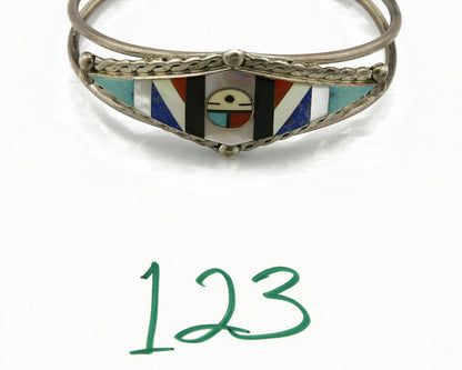 Navajo Unknown Artist Sun God Inlaid Gemstone .925 Silver Cuff Bracelet