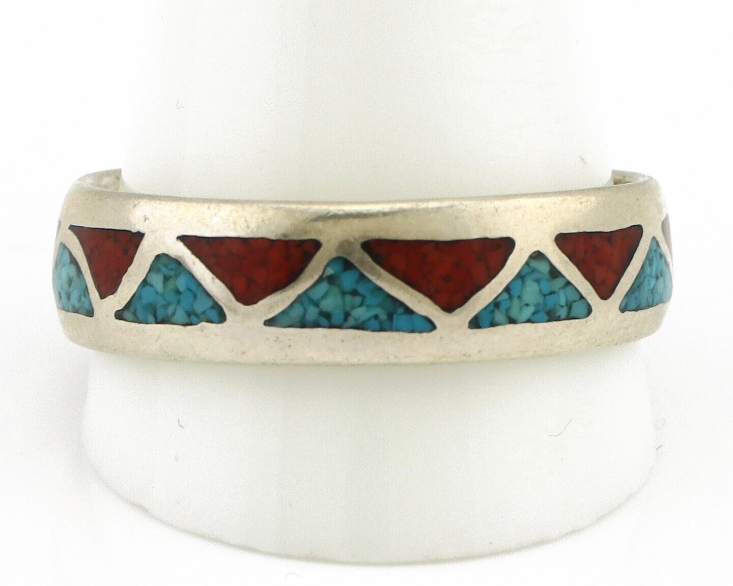 Navajo Chip Inlay Ring 925 Silver Sleeping Beauty Turquoise & Coral Silver Cloud