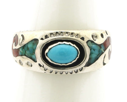 Navajo Handmade Ring 925 Silver Blue Turquoise & Coral Native American C.80's