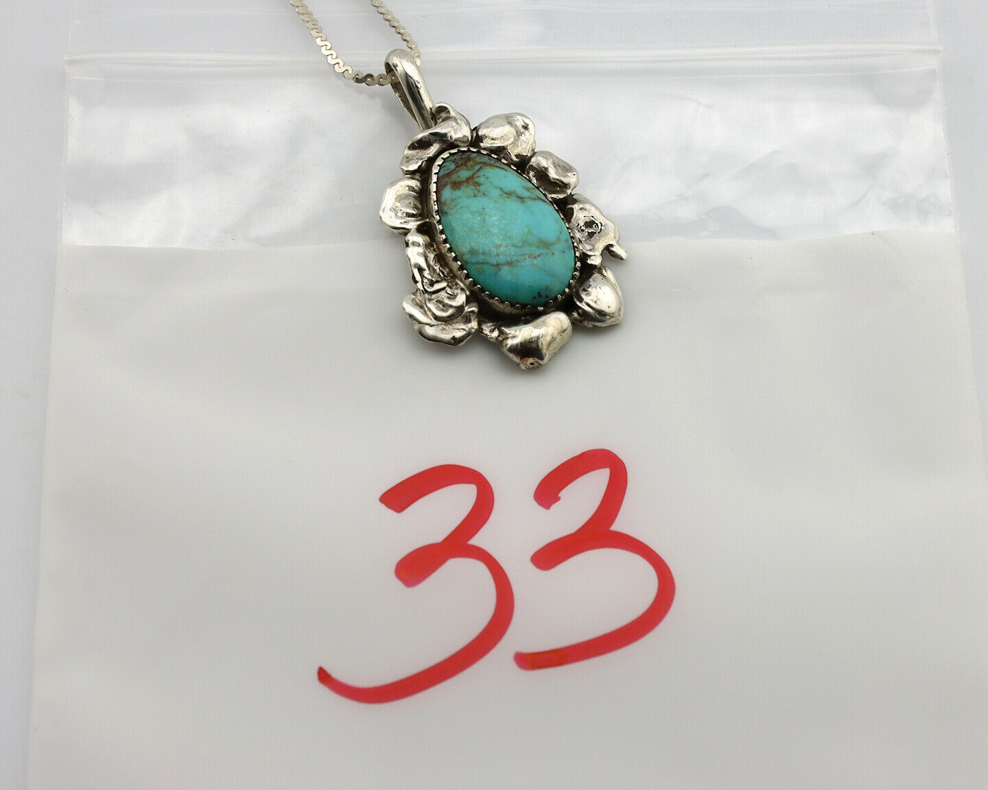 Navajo Necklace .925 Silver Kingman Turquoise Signed MC C.1980's