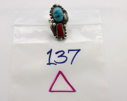 Navajo Ring 925 Silver Blue Turquoise & Coral Signed Stanley Bain C.80's