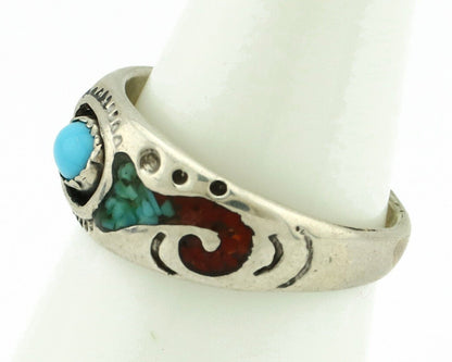 Navajo Handmade Ring 925 Silver Blue Turquoise & Coral Native American C.80's