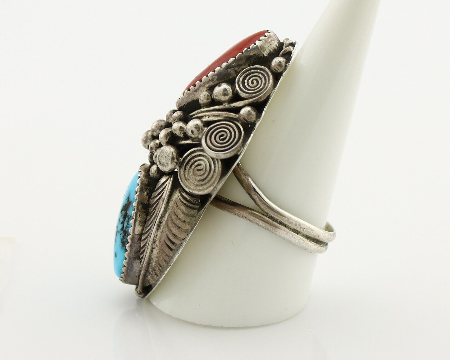 Navajo Ring 925 Silver Blue Turquiose & Coral Artist Signed JM C.80's