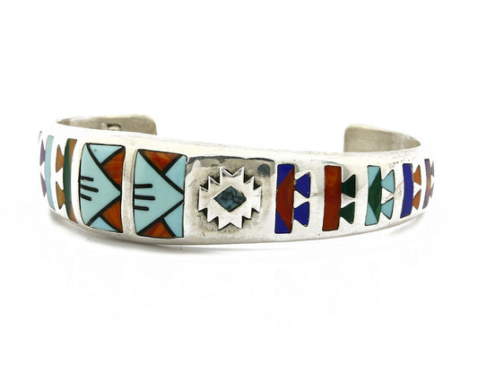 C. 1980's Navajo Signed STC Inlay Gemstone .925 Silver Cuff Bracelet