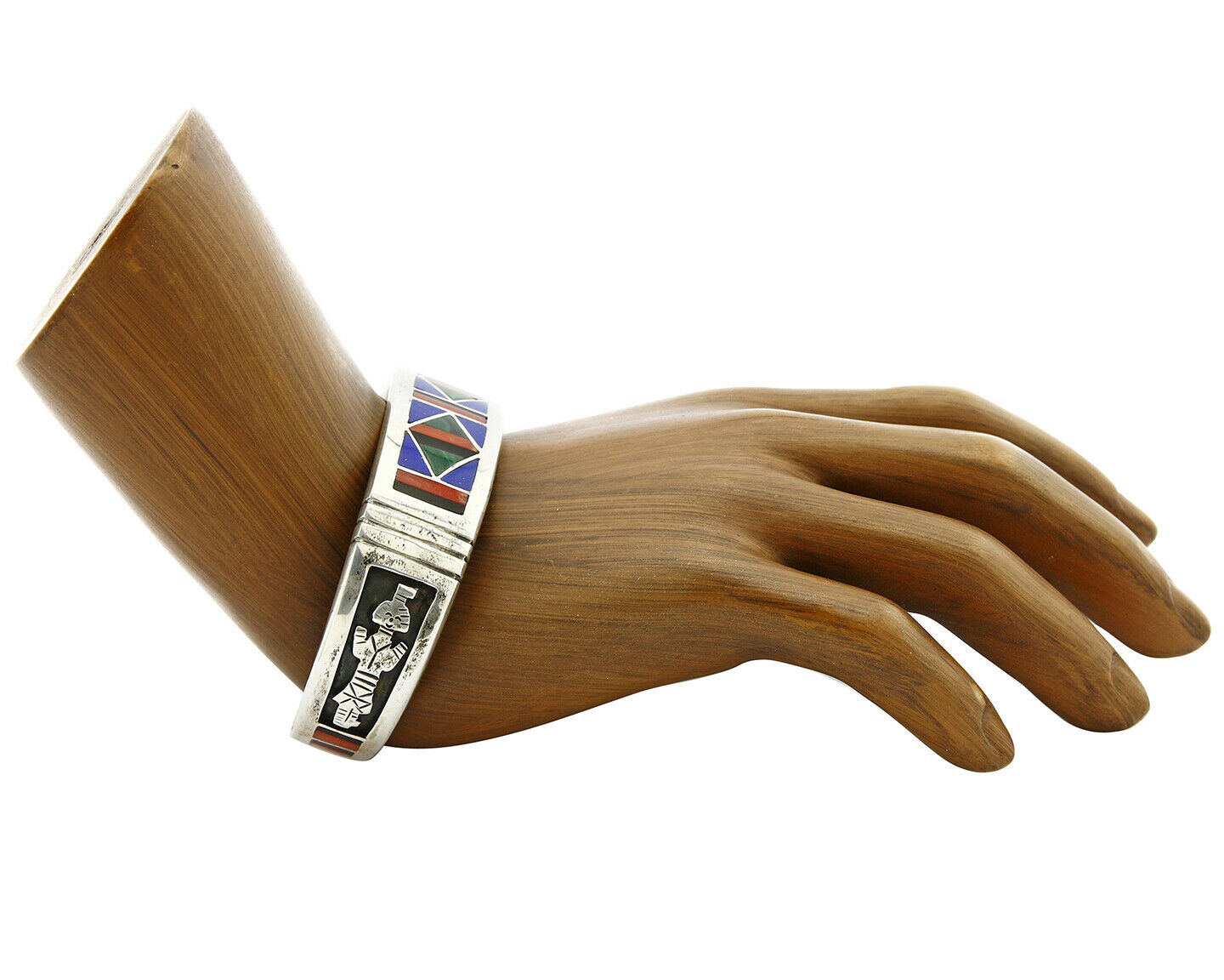 C. 1980's Zuni Inlaid Natural Gemstone .925 Silver Cuff Bracelet