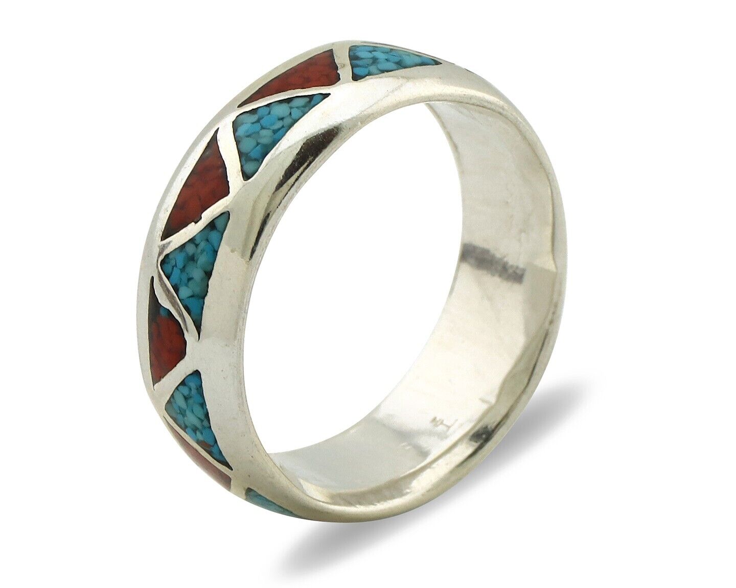 Navajo Chip Inlay Ring 925 Silver Sleeping Beauty Turquoise & Coral Silver Cloud