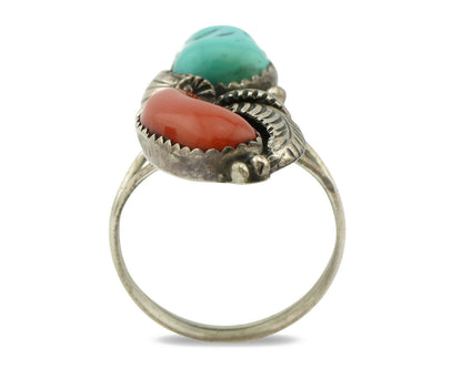 Navajo Ring .925 Silver Turquoise & Coral Artist Signed Tom Willeto C.80's