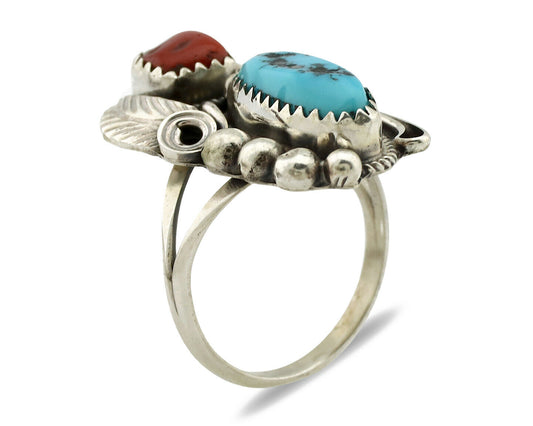 Navajo Ring .925 Silver Turquoise & Coral Artist Signed J Morris C.80's