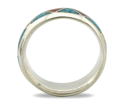 Navajo Chip Inlay Ring 925 Silver Sleeping Beauty Turquoise & Coral Silver Cloud