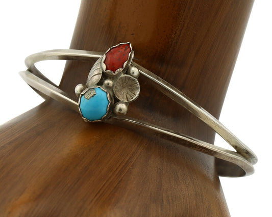 Navajo Bracelet .925 Silver Natural Turquoise & Coral Native American Artist 80s