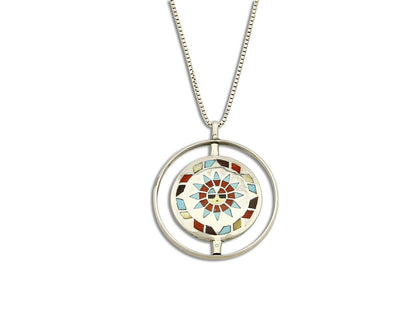 Women's Navajo Spinner Pendant .925 Silver & Inlaid Gemstone Necklace