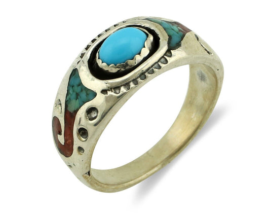 Navajo Handmade Ring 925 Silver Blue Turquoise & Coral Native American C.80's