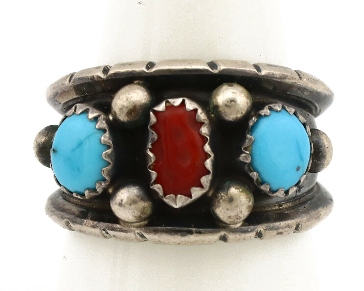 Navajo Ring .925 Silver Natural Blue Turquoise & Red Coral Native C.1980's