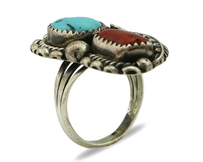 Navajo Ring .925 Silver Turquoise & Coral Artist Thomas Singer C.80's