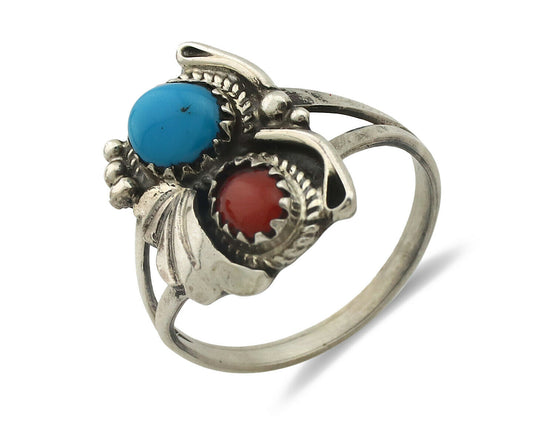 Navajo Ring .925 Silver Morenci Turquoise & Coral Native Artist Signed JM C.80's