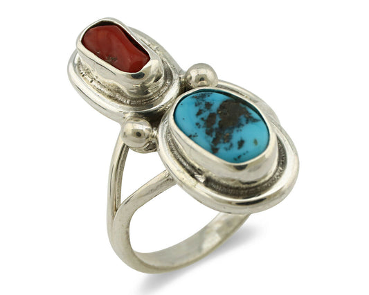 Navajo Ring .925 Silver Blue Turquoise & Red Coral Native American Artist C.80's