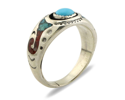 Navajo Inlay Band Ring 925 Silver Turquoise & Coral Native Artist C.80's