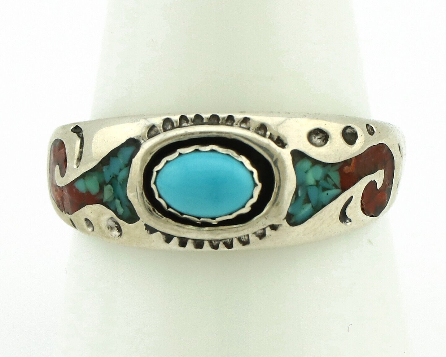 Navajo Handmade Ring 925 Silver Blue Turquoise & Coral Native American C.80's