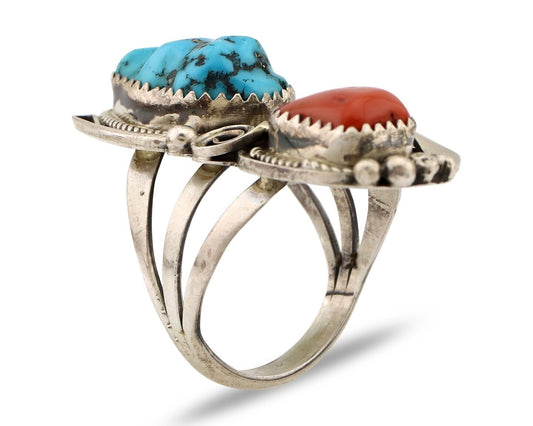 Navajo Ring 925 Silver Blue Turquiose & Coral Artist Signed Justin Morris C.80's