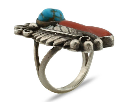 Navajo Handmade Ring 925 Silver Turquiose & Coral Native American Artist C.80's