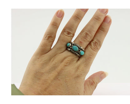 Navajo Ring .925 Silver Natural Blue Turquoise Native American Artist C.80's