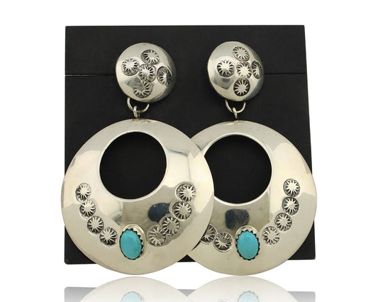 Navajo Handmade Earrings 925 Silver Blue Turquoise Signed Vera Jane C.80's
