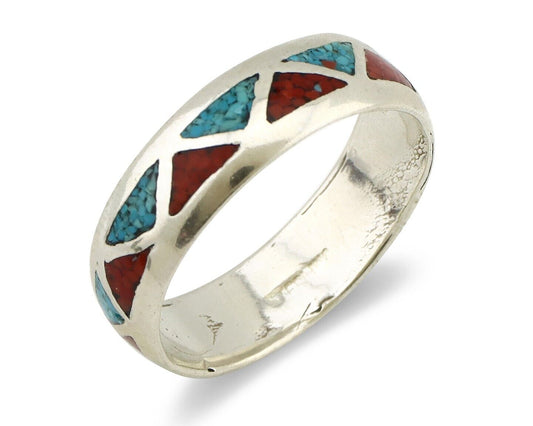 Navajo Chip Inlay Ring 925 Silver Sleeping Beauty Turquoise & Coral Silver Cloud