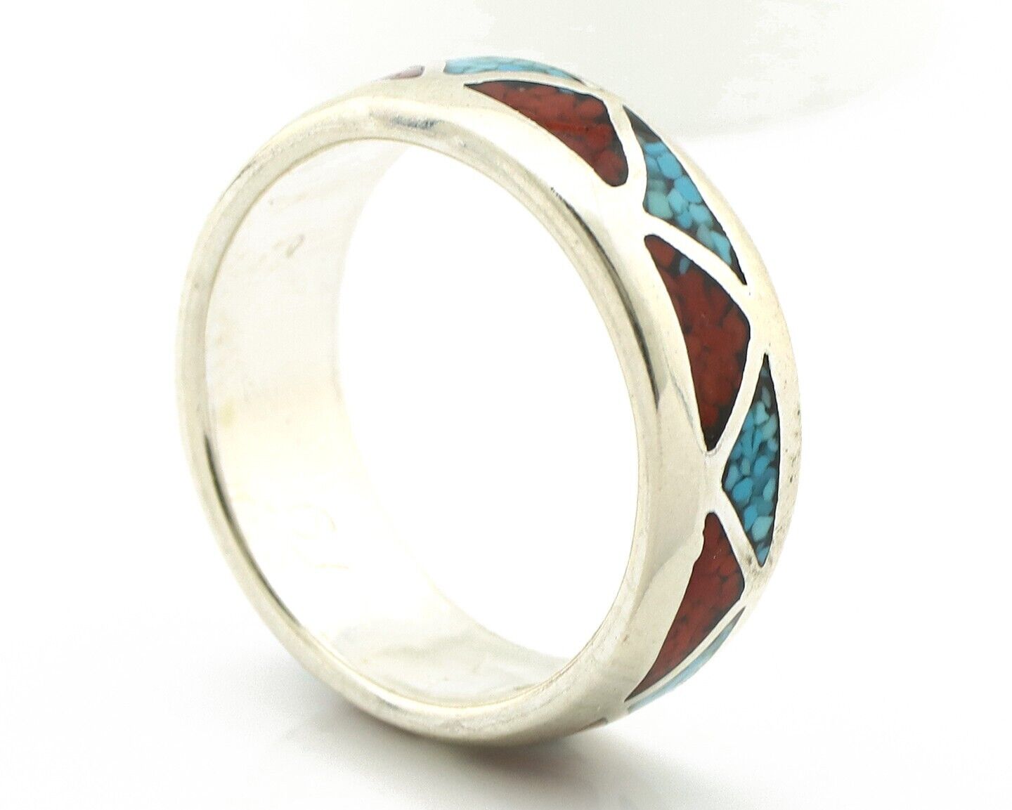 Navajo Chip Inlay Ring 925 Silver Sleeping Beauty Turquoise & Coral Silver Cloud