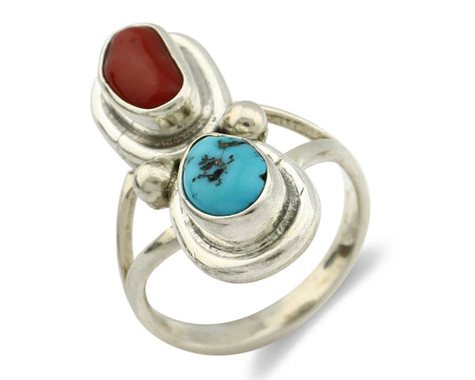 Navajo Ring .925 Silver Red Coral & Blue Turquoise Native Artist C.80's